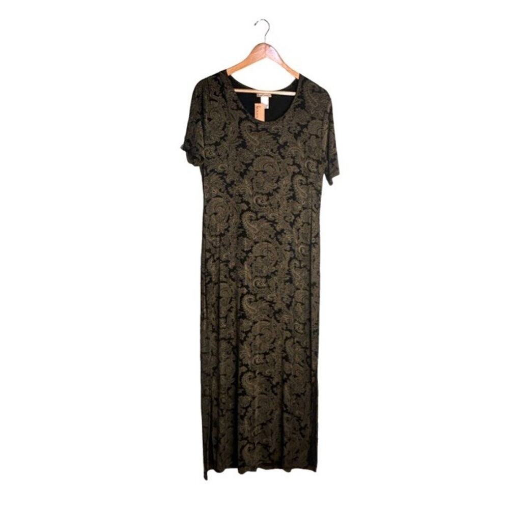 Susan Lawrence Paisley Maxi Dress Size Large Vintage Black Gold Short Sleeve NWT - Picture 6 of 6